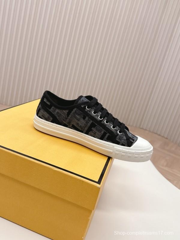 2025 Women Fendi Black Grey Fabric Leather Sneakers