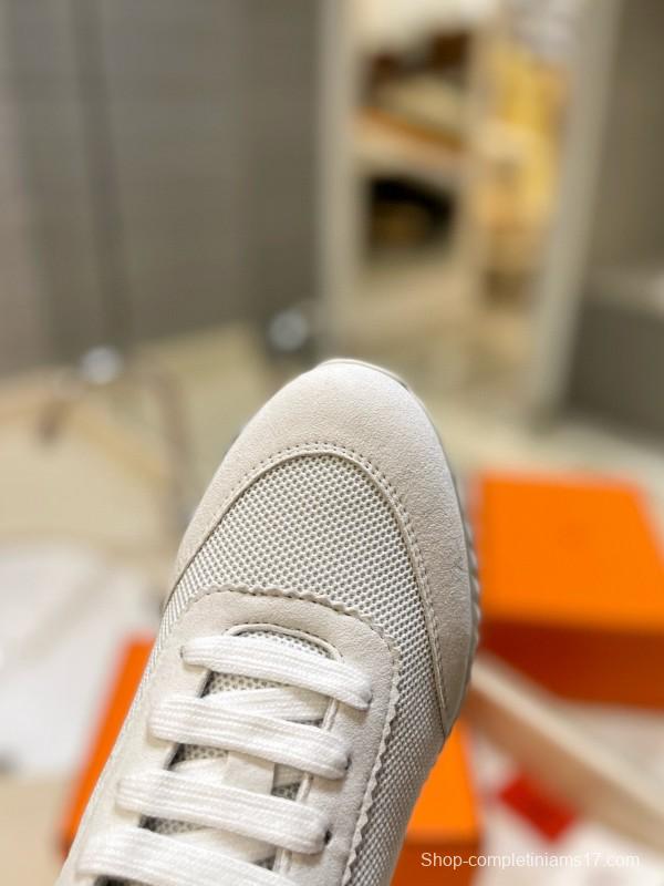 2024 Unisex Hermès White Imported Calf Suede Rain Cloth Casual Sneakers MJ00320