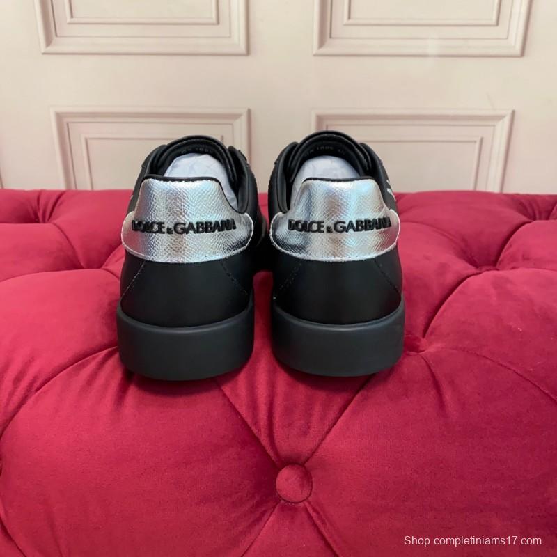 2025 Men Dolce & Gabbana Black Silver Leather Sneakers