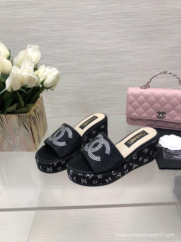 2025 Women Chanel Black Fabric Rhinestone Slippers LY00320