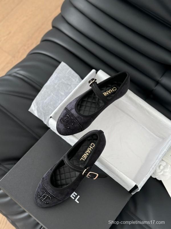 2025 Women Chanel Black Velvet Mary Jane Embroidered LY00280