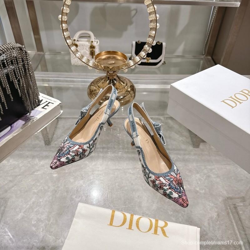 2025 Women Dior Blue Pink Embroidered Fabric Slingback Heels