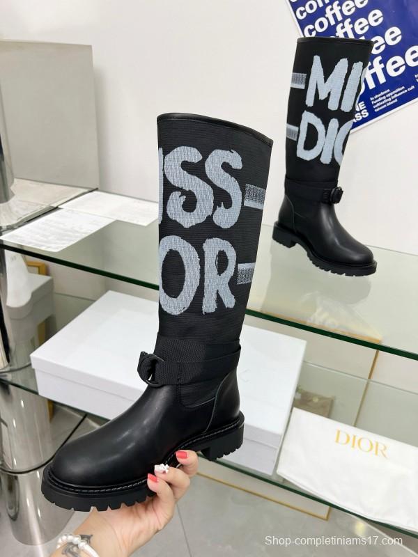 2024 Women Dior black leather knit fabric boots MJ00350