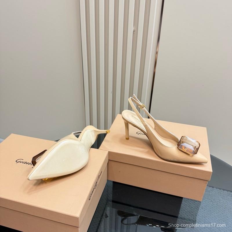 2025 Women Gianvito Rossi Beige Patent Leather Slingback High Heel Gemstone KFY00300