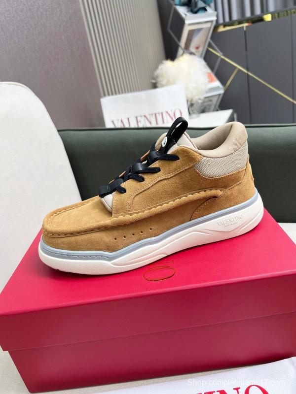 2025 Unisex Valentino Brown Beige Leather Suede Sneakers LY00390