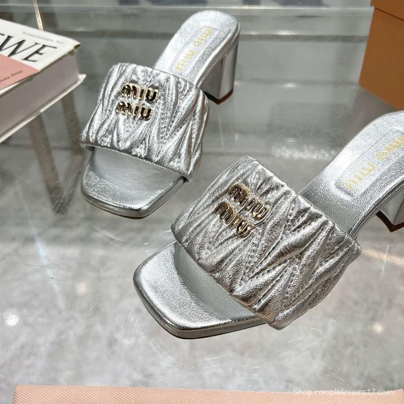 2025 Women Miu Miu Silver Leather High Heel Sandals