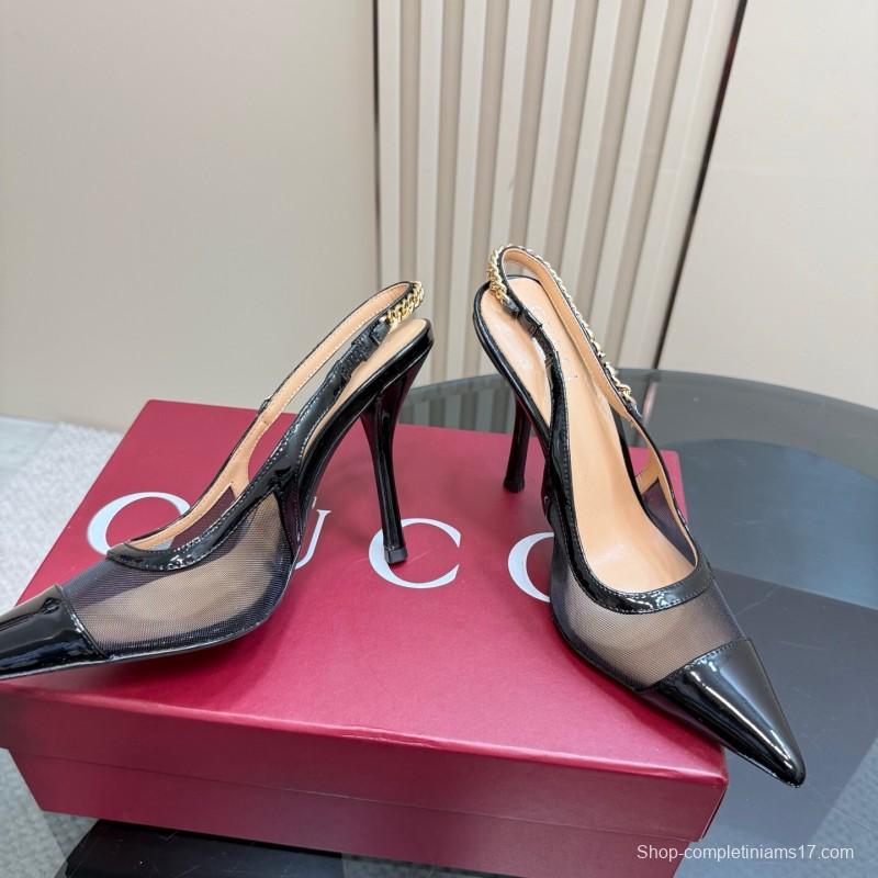 2025 Women Gucci Black Mesh Chain Strap High Heel Pumps KFY00300(F)