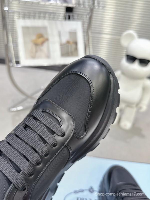 2025 Unisex Prada Black Leather Nylon Sneakers