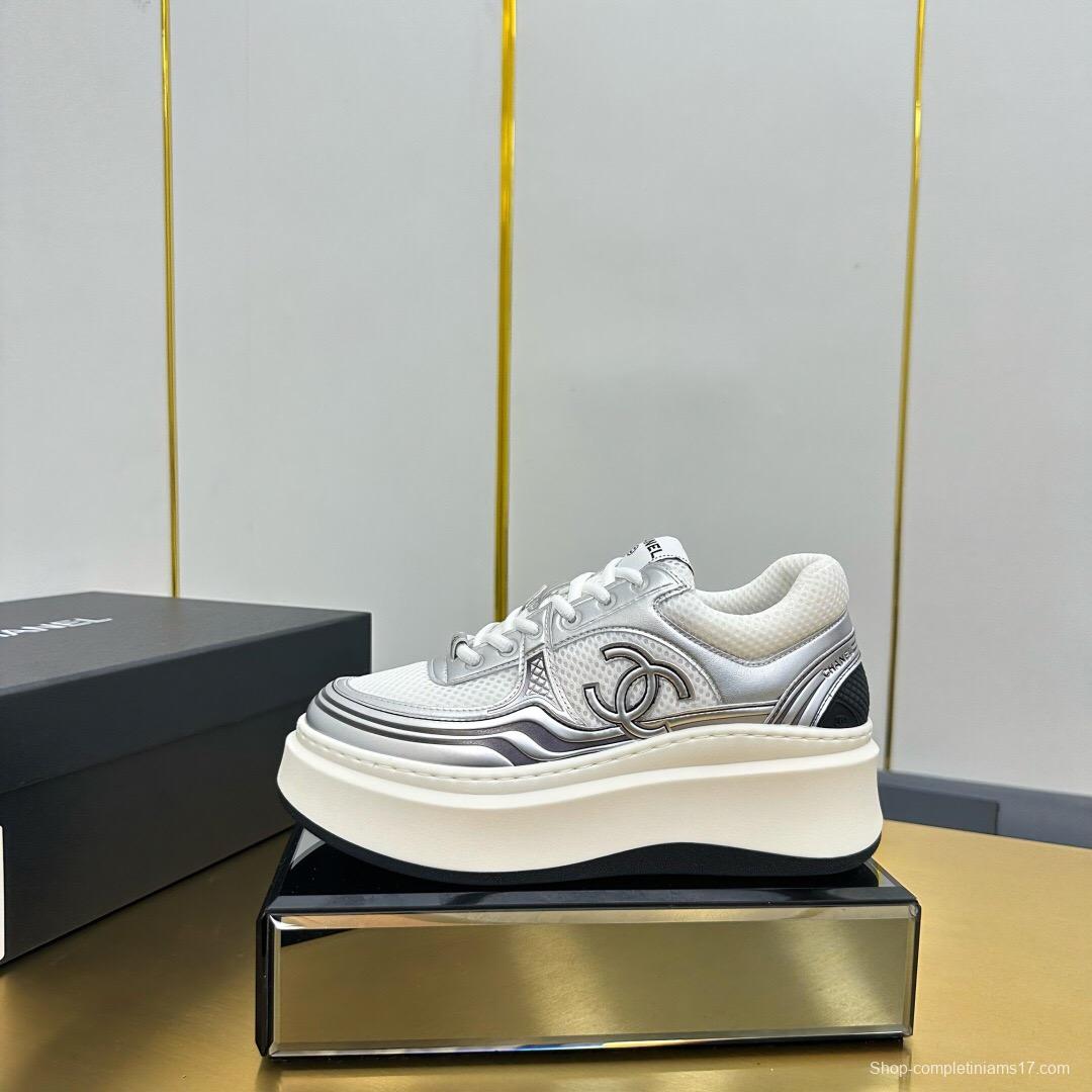 2025 Women Chanel White Silver Leather Mesh Sneakers