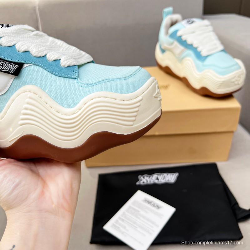 2025 Unisex HEYDAY Blue White Canvas Leather Wave Sneakers KFY00260