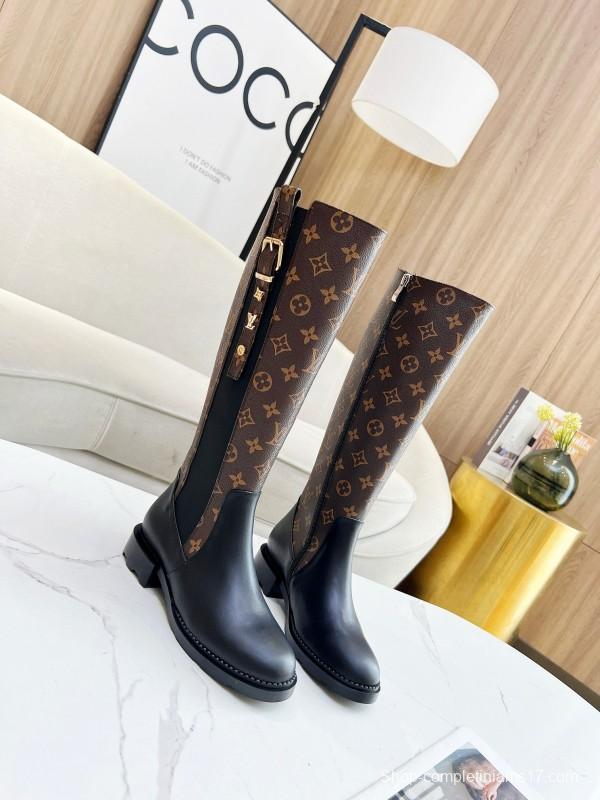 2024 Women Louis Vuitton Brown Black Leather Canvas Boots MJ00430