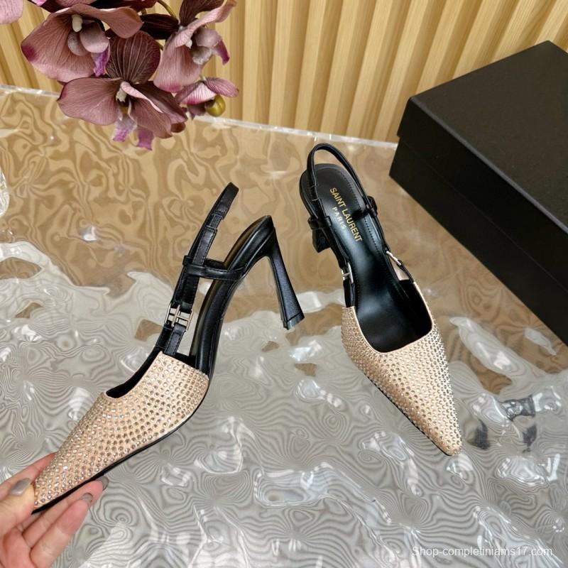 2024 Women Yves Saint Laurent Beige Rhinestone Silk Slingback Pumps MJ00320
