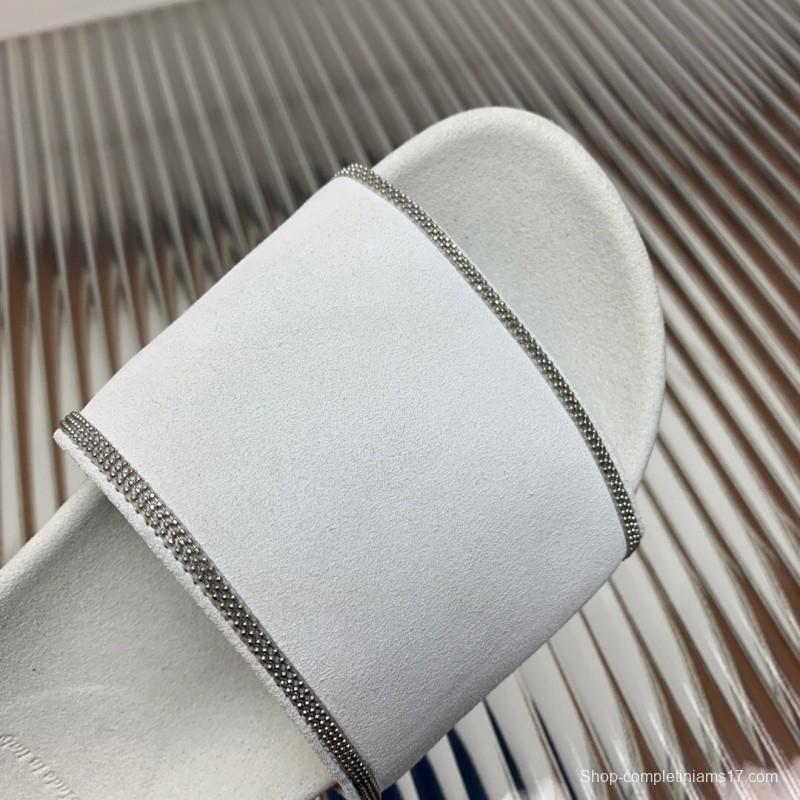 2025 Unisex Brunello Cucinelli White Imported Suede Flat Slide Sandals Handmade Beaded Chain Inlay KFY00240