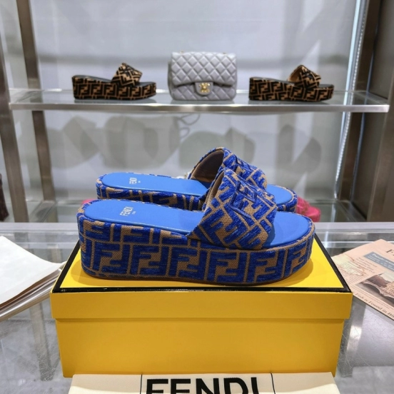 2025 Slippers Fendi Blue Brown Fabric FF Jacquard Platform