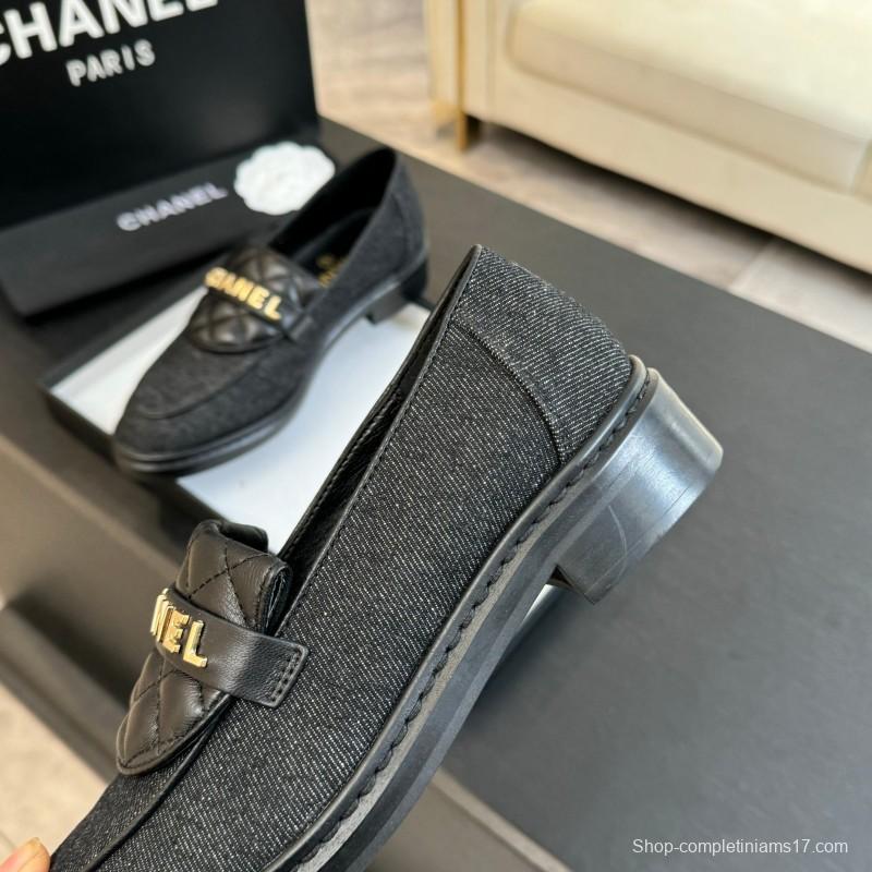 2025 Women Chanel Black Leather Canvas Loafers KFY00310