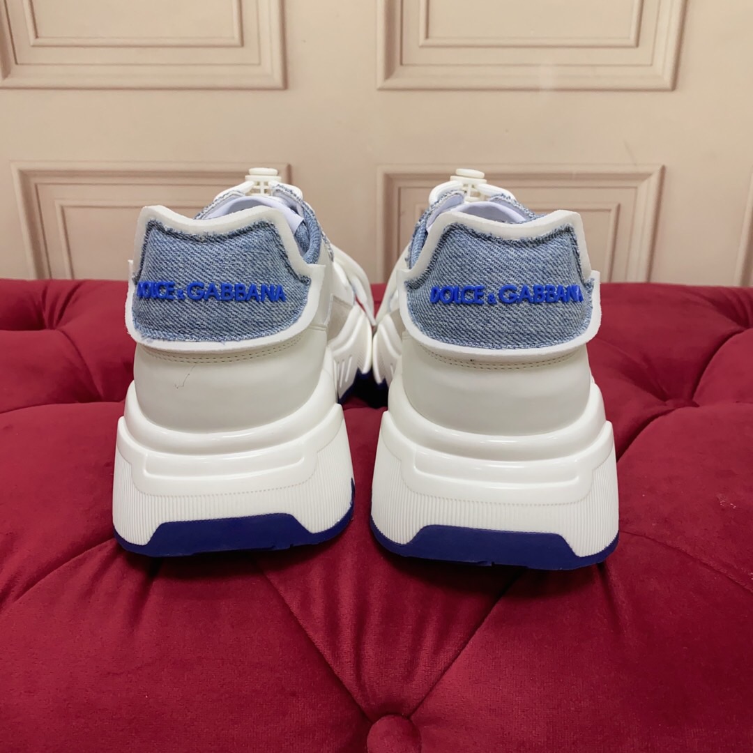 2025 Unisex Dolce & Gabbana White Blue Silk Leather Sneakers Exclusive Craft LY00330(F)/LY00340(M)