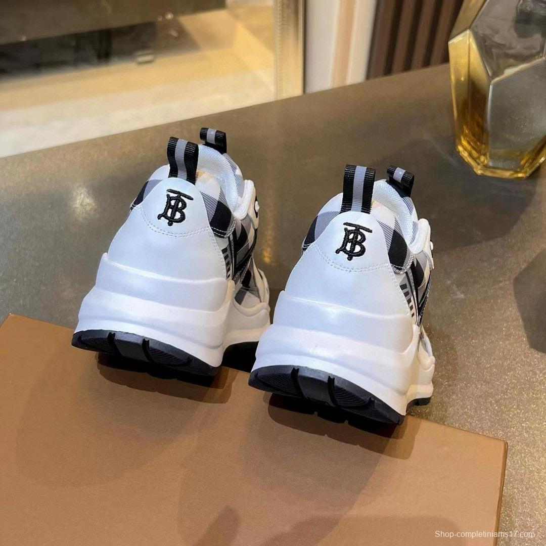 2025 Unisex Burberry White Black Cotton Leather Suede Chunky Sneakers Vintage Check MJ00380(F/W)