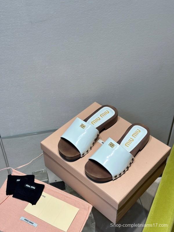 2025 Women Miumiu White Leather Slippers