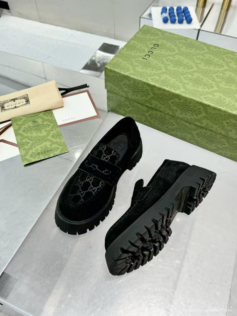2024 Women Gucci Black Suede Leather Loafers MJ00320