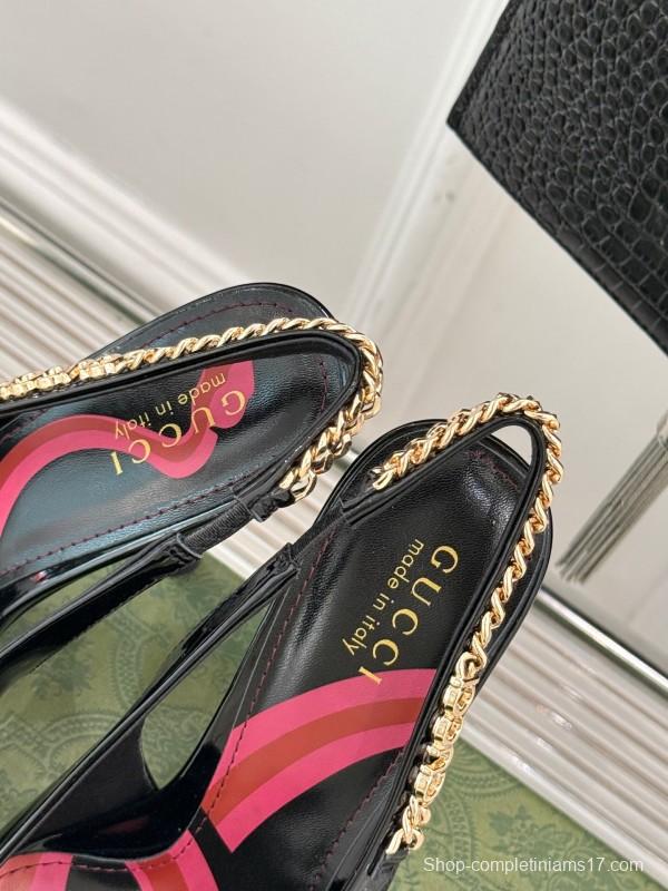 2025 Women Gucci Black Patent Leather Slingback High Heel Chain Detail