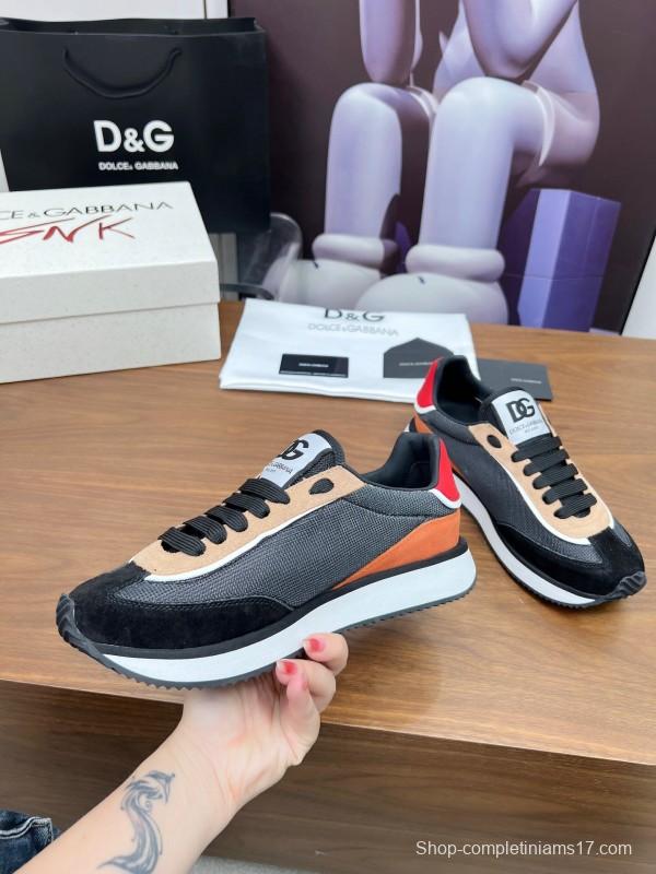 2025 Unisex Dolce & Gabbana Black Brown Red PU Leather Mesh Casual Sneakers LY00300