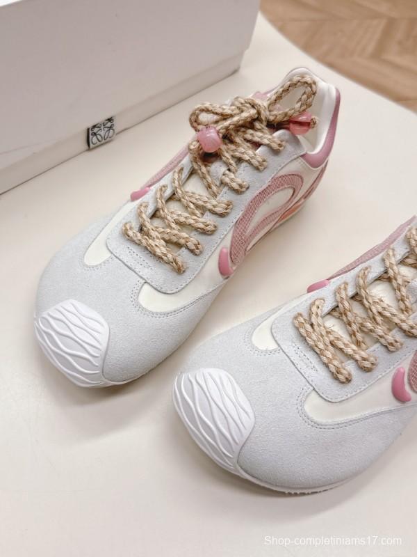 2025 Women Loewe Pink White Leather Balletrunner Ballet Sneakers KFY00300(F)
