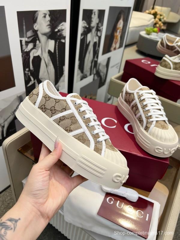 2025 Women Gucci Beige Brown Canvas Platform Sneakers Non-heritage Layered Stitching LY00270