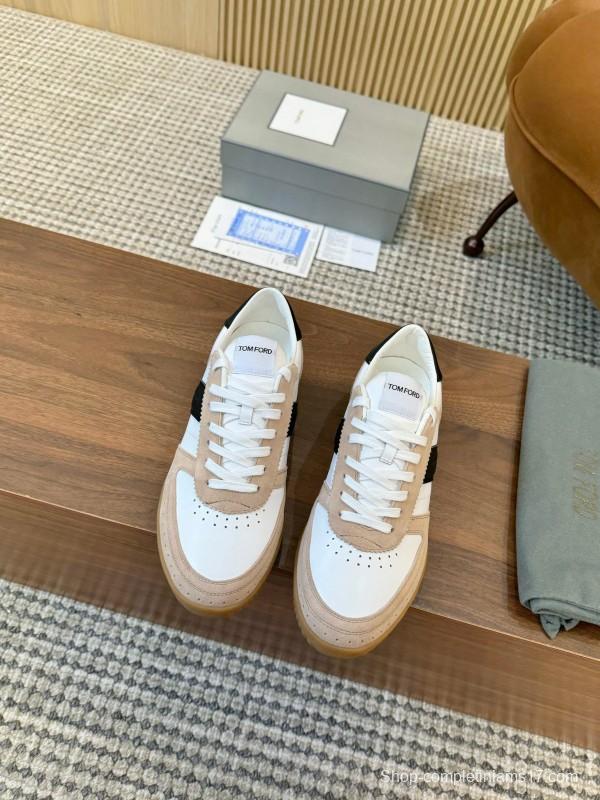2025 Unisex TOM FORD White Black Beige Leather Suede Sneakers LY00360