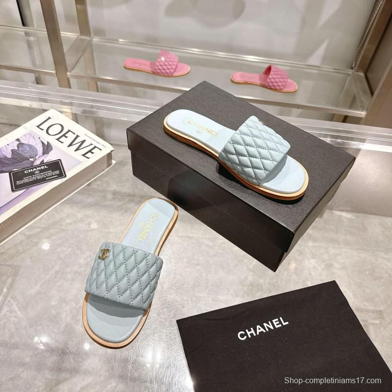 2025 Women Chanel Light Blue Lambskin Slippers