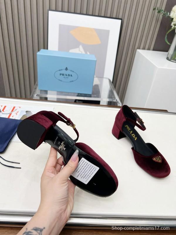 2025 Women Prada Burgundy Velvet Mary Jane Buckle KFY00270