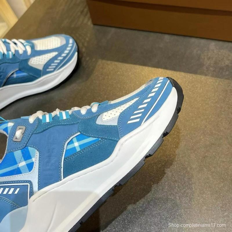 2025 Unisex Burberry Blue White Suede Leather Cotton Sneakers Retro Check MJ00380