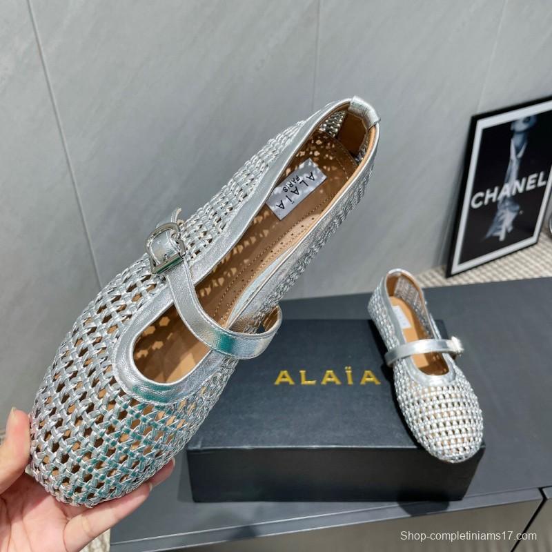 2025 Women Alaïa Silver Leather Woven Mary Jane Flats LY00360(F)