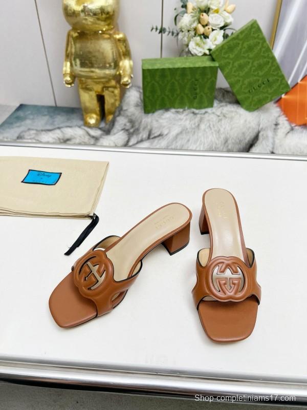 2025 Gucci Brown Leather Slippers MJ00190