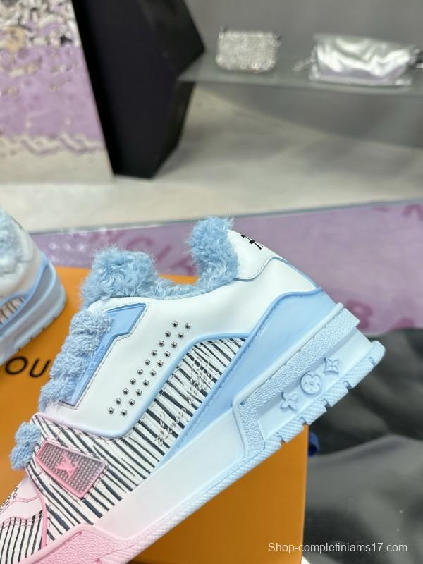 2024 Unisex Louis Vuitton Blue Pink Leather Sneakers