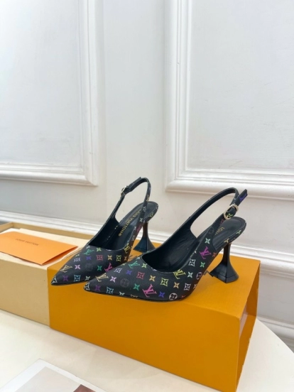 2025 Women Louis Vuitton Black Multicolor Leather Slingback Heels KFY00280