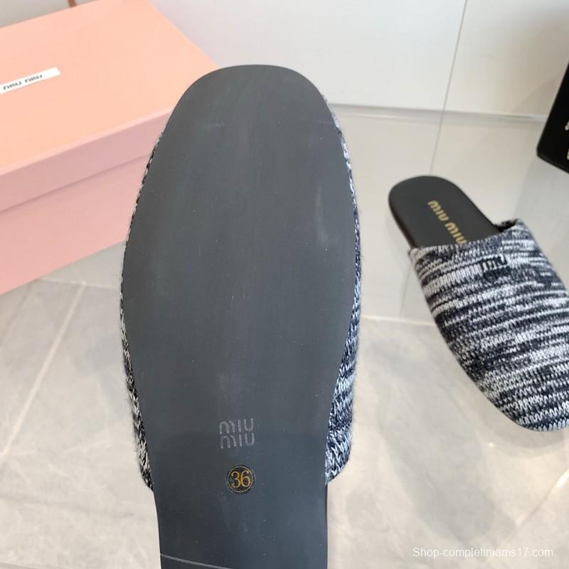 2025 Women Miu Miu Black White Knit Leather Slippers