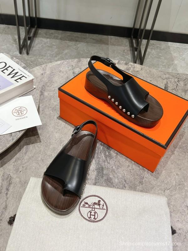 2025 Women Hermès Black Leather Sandals