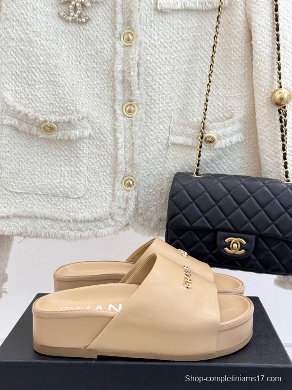 2025 Women Chanel Beige Leather Slippers