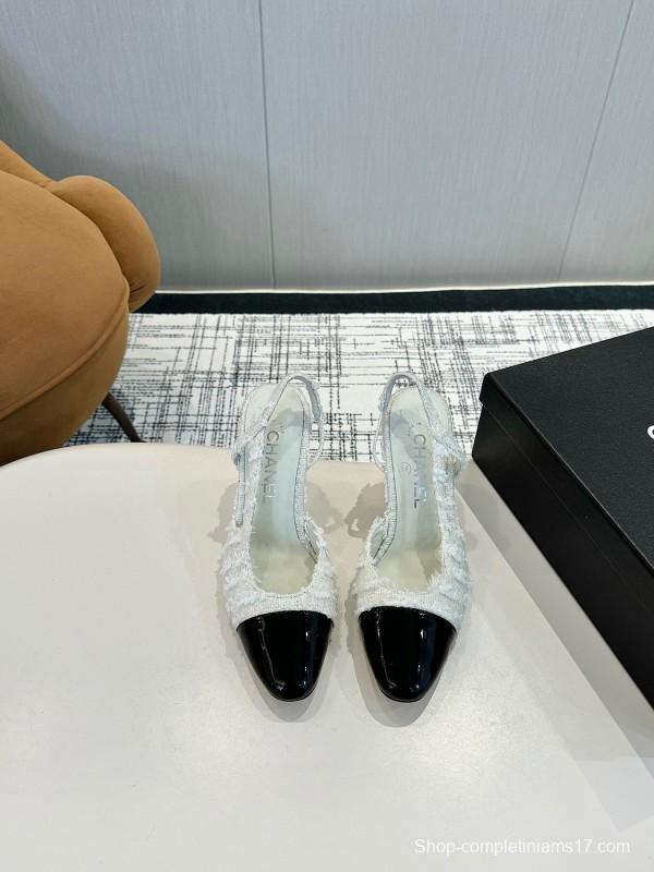 2025 Women Chanel White Black Leather Tweed Slingback Block Heel LY00270