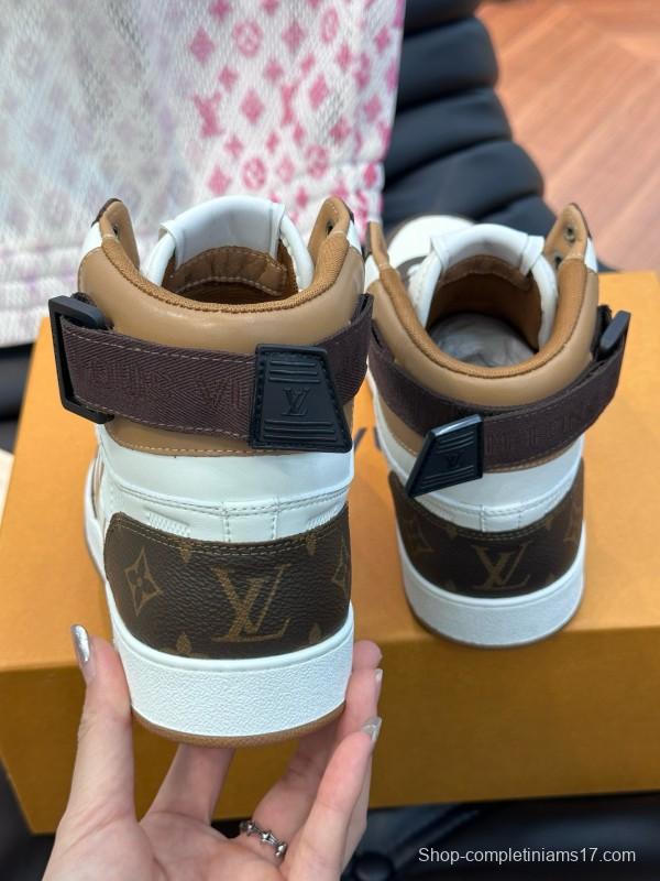 2024 Men Louis Vuitton White Brown Leather High Top Sneakers MJ00420