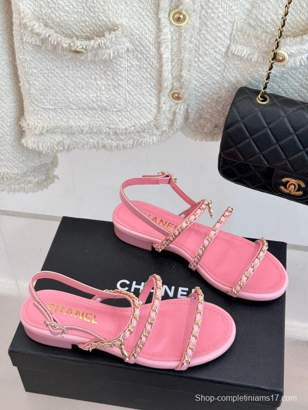 2025 Women Chanel Pink Leather Chain Strap Sandals