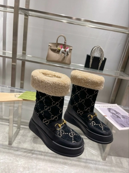2024 Women Gucci Black Shearling Leather Snow Boots MJ00420