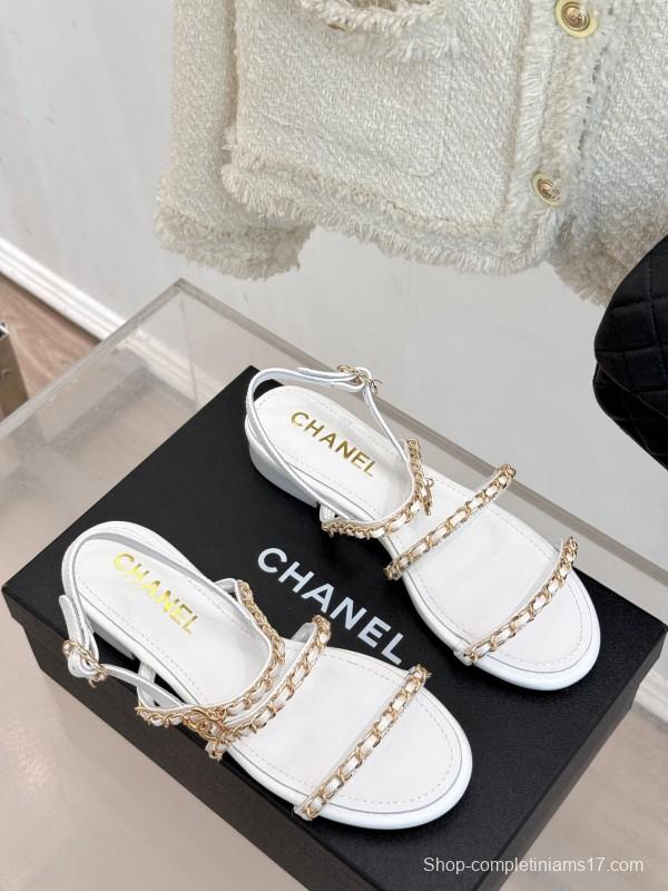 2025 Women Chanel White Leather Chain Strap Sandals