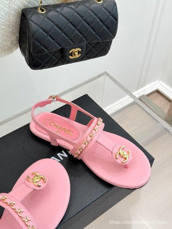 2025 Women Chanel Pink Lambskin Sandals CC Logo KFY00250