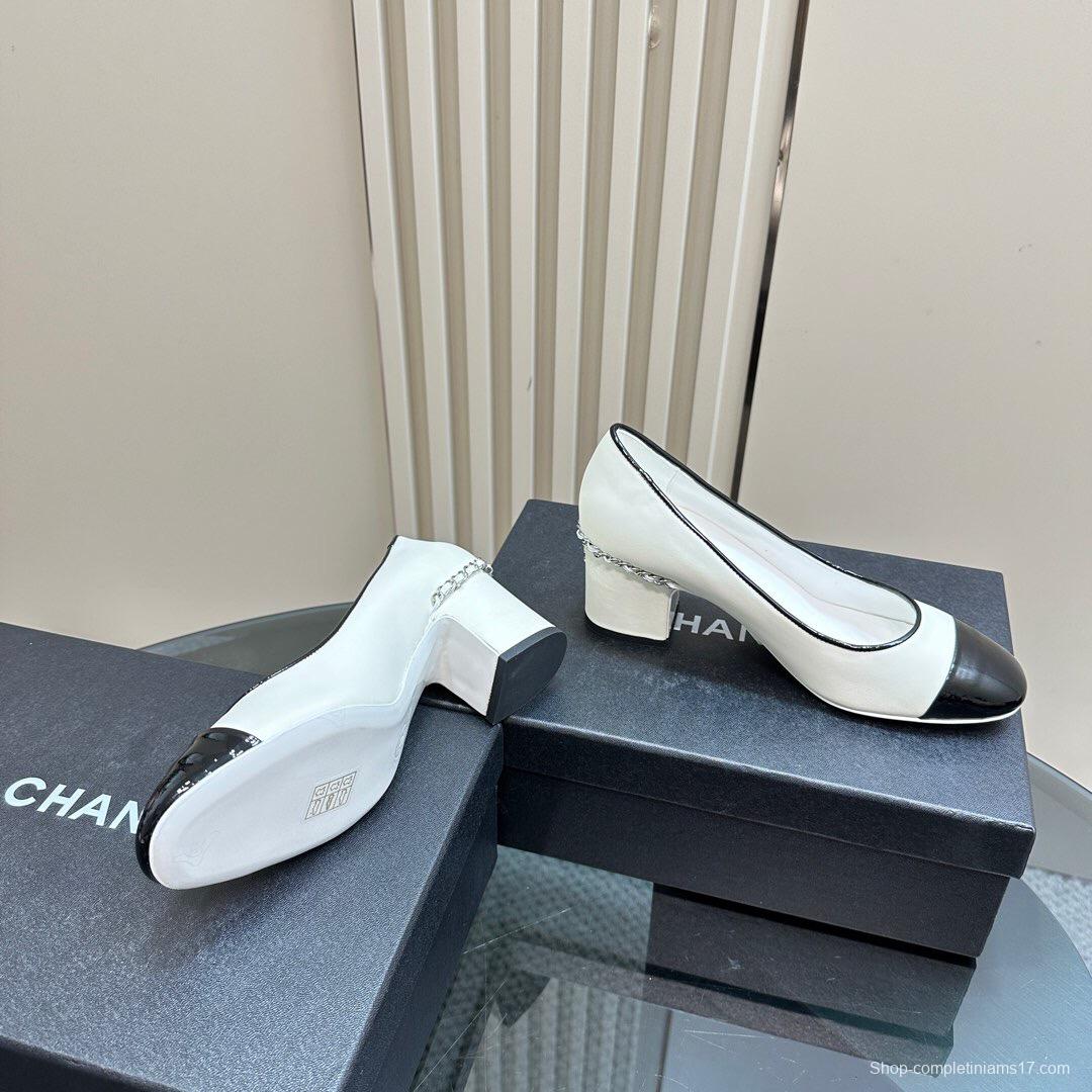 2025 Women Chanel White Black Leather Block Heel Pumps