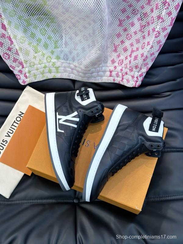 2024 Men Louis Vuitton Black White Leather High-Top Sneakers MJ00420