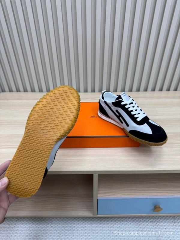2025 Unisex Hermès Black White Suede Goat Leather Sneakers Top Version LY00310