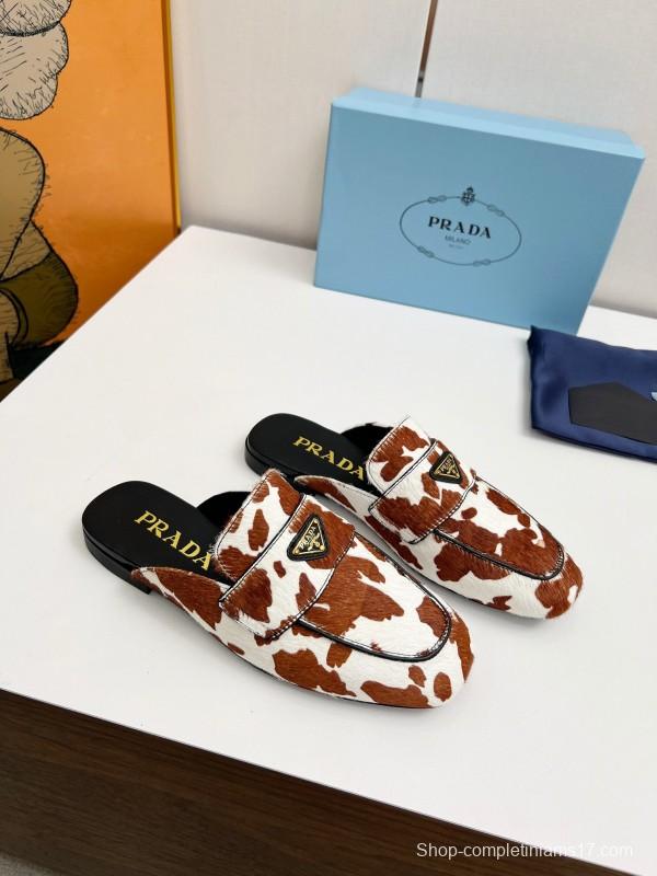 2025 Women Prada Brown White Calf Hair Leather Slippers LY00260