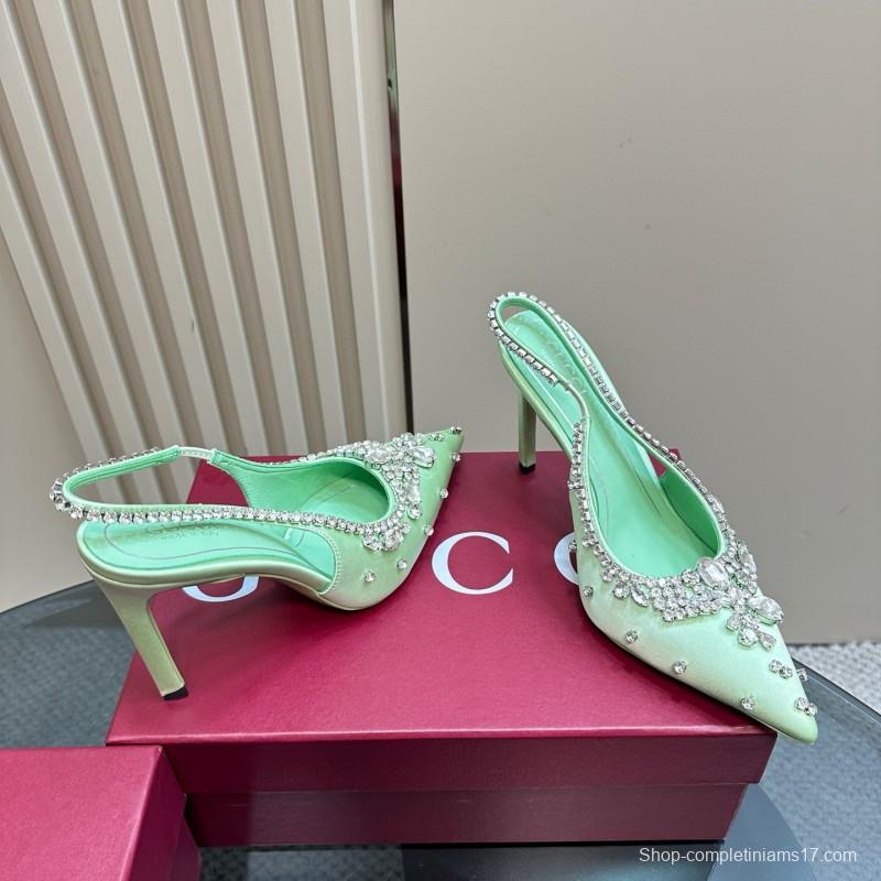 2025 Women Gucci Light Green Satin High Heel Slingback Rhinestone MJ00340
