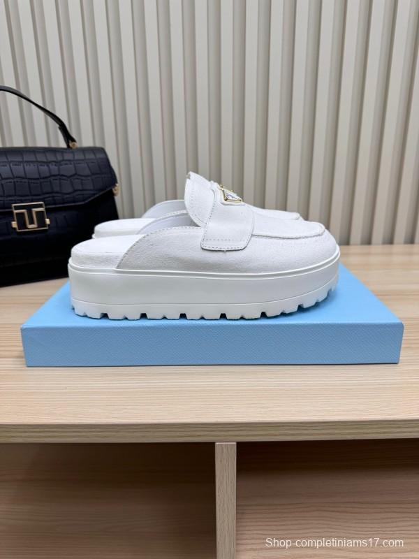 2025 Women Prada White Canvas Platform Loafers